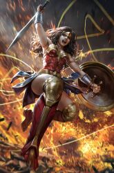 Rule 34 | 1girl, black eyes, black hair, boots, bracer, breasts, comic cover, commentary, cover image, dc comics, dcwj, english commentary, explosion, floating hair, gold headband, highres, holding, holding shield, holding sword, holding weapon, leotard, medium breasts, official art, open mouth, parted hair, red footwear, red leotard, running, shield, signature, solo, superhero costume, sword, weapon, wonder woman
