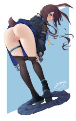 Rule 34 | 1girl, absurdres, amiya (arknights), animal ears, anus, arknights, ass, bent over, black footwear, black jacket, black pantyhose, blue background, blue eyes, blue skirt, blush, brown hair, cleft of venus, closed mouth, clothes pull, from behind, full body, heart, heart-shaped pupils, highres, jacket, long hair, long sleeves, looking at viewer, looking back, no panties, pantyhose, pantyhose pull, pussy, skirt, unworn skirt, solo, symbol-shaped pupils, tail, thigh strap, thighs, uncensored, z.taiga