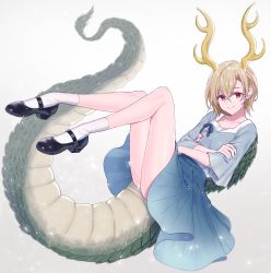 Rule 34 | 1girl, absurdres, antlers, black footwear, blonde hair, blue shirt, blue skirt, blurry, closed mouth, collarbone, commentary, crossed arms, depth of field, dragon girl, dragon horns, dragon tail, full body, highres, horai carrot, horns, kicchou yachie, looking at viewer, red eyes, shirt, short hair, short sleeves, simple background, skirt, smile, socks, solo, tail, thighs, touhou, turtle shell