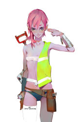 Rule 34 | 1girl, abstract, arm at side, arm up, bandeau, bikini, blue bikini, breasts, finger gun, finger gun to head, geolim, hair between breasts, hair between eyes, looking at viewer, navel, original, pink hair, pointing, pointing at self, short hair, simple background, single thighhigh, small breasts, solo, standing, stomach, swimsuit, thighhighs, white background, white thighhighs