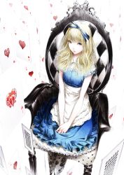 Rule 34 | 1girl, alice (alice in wonderland), alice in wonderland, blonde hair, blue dress, blue eyes, card, chair, dress, floral print, from above, hair ribbon, heart, highres, looking at viewer, own hands clasped, own hands together, pantyhose, playing card, revision, ribbon, sitting, smile, solo, sousou (sousouworks)