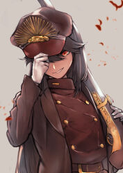 Rule 34 | 1girl, family crest, fate/grand order, fate (series), grey background, gun, hair between eyes, hand on headwear, highres, holding, holding gun, holding weapon, jacket, musket, oda nobunaga (fate), parted lips, red eyes, simple background, smirk, solo, upper body, weapon, yodaka (yodakano )