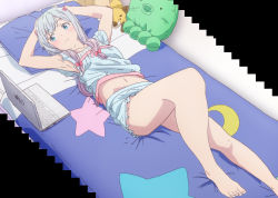 Rule 34 | 1girl, armpits, barefoot, bed, blue eyes, breasts, eromanga sensei, feet, frilled shorts, frills, highres, izumi sagiri, lying, navel, on back, on bed, screencap, short shorts, shorts, silver hair, small breasts, solo, stitched, stomach, third-party edit, toes