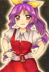 Rule 34 | 1girl, belt, bow, buttons, collared shirt, commentary request, dress, hair bow, hands on own hips, highres, long dress, long hair, loose belt, maa (forsythia1729), marker (medium), pinafore dress, pink belt, ponytail, puffy short sleeves, puffy sleeves, purple hair, red dress, red eyes, shirt, short sleeves, single strap, sleeveless dress, touhou, traditional media, watatsuki no yorihime, white shirt, yellow bow