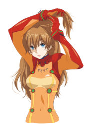 Rule 34 | 00s, 1girl, adjusting hair, blue eyes, bodysuit, breasts, brown hair, evangelion: 2.0 you can (not) advance, female focus, inoue takako, long hair, neon genesis evangelion, plugsuit, rebuild of evangelion, simple background, solo, souryuu asuka langley, test plugsuit, white background