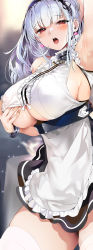 Rule 34 | 1girl, absurdres, apron, arm up, armpits, azur lane, bare shoulders, black skirt, blush, breasts, clothing cutout, dido (azur lane), earrings, frills, grabbing own breast, highres, huge breasts, jewelry, large breasts, long hair, looking at viewer, marushin (denwa0214), open mouth, paizuri invitation, red eyes, sideboob, skirt, solo, thighhighs, thighs, underboob, underboob cutout, waist apron, white hair, white thighhighs