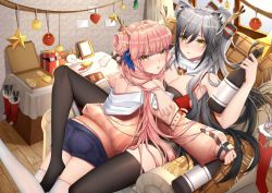 Rule 34 | 2girls, alarm clock, animal ear fluff, animal ears, antlers, arknights, armchair, ass, bandeau, bare arms, bare shoulders, bell, black legwear, blue feathers, blue shorts, blush, bottle, bow, box, breasts, brown eyes, camisole, cat ears, ceylon (arknights), chair, chinese commentary, christmas ornaments, cleavage, clock, cloud (cloud-v-), commentary request, cup, drinking glass, fake antlers, feather hair, feathers, feet out of frame, food, gift, gift box, hair between eyes, hair bow, hair bun, hand up, heart, holding, holding bottle, horns, hug, indoors, jacket, long hair, long sleeves, looking at viewer, multiple girls, no shoes, off shoulder, official alternate costume, parted lips, pink hair, pink jacket, pizza, pizza box, puffy sleeves, reclining, scarf, schwarz (arknights), schwarz (presents) (arknights), short shorts, shorts, silver hair, single hair bun, sitting, spaghetti strap, star (symbol), thighhighs, thighs, white legwear, white scarf, wooden floor, yellow eyes, yuri