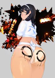 Rule 34 | 1girl, ass, bikini tan, black hair, body writing, butt crack, clothes writing, finger to mouth, from behind, fundoshi, girls&#039; frontline, hair over shoulder, hairband, highres, japanese clothes, long hair, looking at viewer, looking back, mizu happi, moebell, smile, solo, star (symbol), tan, tanline, thighs, thong, type 95 (girls&#039; frontline), white hairband, yellow eyes