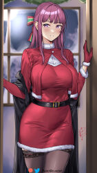 Rule 34 | 1girl, belt, black belt, black jacket, bow, breasts, christmas, commentary request, cowboy shot, damobelmont, dress, fern (sousou no frieren), gloves, hair bow, hand up, highres, indoors, jacket, large breasts, long hair, looking at viewer, off shoulder, parted lips, purple eyes, purple hair, red dress, red gloves, short dress, solo, sousou no frieren, standing, thighs