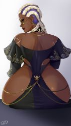 Rule 34 | 1girl, ass, back, backboob, braid, breasts, clothes, dark-skinned female, dark skin, dolores (kof), ear piercing, female focus, glasses, gradient background, green eyes, highres, hip vent, huge ass, jewelry, looking back, multicolored hair, piercing, sitting, skd, smile, snk, solo, the king of fighters