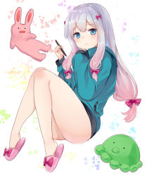 Rule 34 | 10s, 1girl, blue eyes, blush, bow, chiune (yachi), closed mouth, eromanga sensei, full body, gradient hair, grey hair, hair bow, highres, holding, izumi sagiri, knees together feet apart, long hair, long sleeves, looking at viewer, low-tied long hair, multicolored hair, naked sweater, pink bow, sandals, sleeves past wrists, slippers, solo, stuffed animal, stuffed rabbit, stuffed toy, stylus, sweater, thighs, wavy mouth