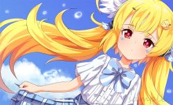 Rule 34 | 1girl, ame., azur lane, bird hair ornament, blonde hair, blue bow, blue skirt, blue sky, blush, bow, center frills, closed mouth, cloud, collared shirt, commentary request, day, dutch angle, eldridge (azur lane), facial mark, frills, hair ornament, hairclip, long hair, low twintails, outdoors, plaid, plaid skirt, red eyes, sample watermark, shirt, short sleeves, skirt, skirt hold, sky, solo, striped, striped bow, twintails, very long hair, watermark, white shirt