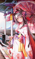 Rule 34 | 1girl, absurdres, animal ears, blue archive, blunt bangs, blurry, cherry blossoms, commentary request, depth of field, eyes visible through hair, fox ears, fox girl, fox mask, hair ornament, hairband, halo, head tilt, highres, holding, holding umbrella, japanese clothes, kimono, long hair, long sleeves, looking at viewer, mask, multicolored hair, parted bangs, petals, pparong e, scenery, sidelocks, smile, solo, train station, translation request, two-tone hair, umbrella, wakamo (blue archive), wide sleeves