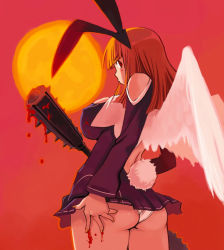 Rule 34 | 1girl, animal ears, ass, blood, blunt bangs, breasts, clothing cutout, covered erect nipples, cowboy shot, dripping, fake animal ears, feathered wings, hairband, large breasts, long hair, long sleeves, looking at viewer, mini person, minigirl, original, panties, polearm, profile, rabbit tail, red background, red eyes, red theme, ryoji (nomura ryouji), shoulder cutout, solo, tail, underwear, weapon, white panties, white wings, wings