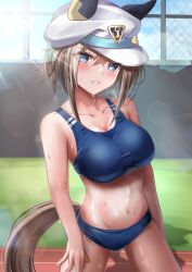 Rule 34 | 1girl, absurdres, alternate costume, animal ears, blush, breasts, buruma, cheval grand (umamusume), cleavage, collarbone, commentary request, grass, groin, hat, highres, horse ears, horse girl, horse tail, lens flare, looking at viewer, medium breasts, navel, solo, sports bikini, steaming body, sweat, tail, track and field, umamusume, waity awa