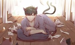 Rule 34 | 10s, 1boy, 2016, alternate eye color, animal, animal ears, artist name, bakeneko, black hair, blurry, cat, cat ears, cat tail, closed mouth, collarbone, crumpled paper, curtains, cushion, dated, depth of field, flying paper, japanese clothes, kimono, long sleeves, lying, male focus, matsuno ichimatsu, multiple tails, on floor, on side, osomatsu-kun, osomatsu-san, paper, phino, pillow, purple eyes, shadow, signature, tail, two tails, whiskers, wide sleeves, wooden floor