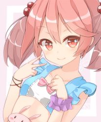 Rule 34 | 10s, 1girl, bare shoulders, colored eyelashes, hair bobbles, hair ornament, kantai collection, pink hair, rateratte, sazanami (kancolle), scrunchie, short hair, short twintails, simple background, sleeveless, smile, solo, swimsuit, twintails, v, wrist scrunchie