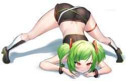 Rule 34 | 1girl, black footwear, black shirt, black shorts, blush, boots, bracelet, butt crack, closed mouth, commentary, crop top, delutaya, full body, fuyouchu, green hair, hair ornament, high heel boots, high heels, indie virtual youtuber, jack-o&#039; challenge, jewelry, knee boots, looking at viewer, red eyes, shirt, short hair, short shorts, shorts, sidelocks, simple background, solo, symbol-only commentary, top-down bottom-up, twintails, twitter username, virtual youtuber, white background