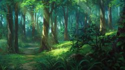 Rule 34 | commentary, dao dao, dappled sunlight, evening, forest, grass, green theme, nature, no humans, original, outdoors, path, plant, road, scenery, sunlight, tree