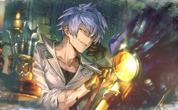 Rule 34 | 1boy, black gloves, blue eyes, gloves, granblue fantasy, holding, holding wrench, jumpsuit, male focus, mechanic, minaba hideo, motor vehicle, motorcycle, official art, repairing, sharp teeth, sho (granblue fantasy), short hair, smile, solo, sweat, teeth, tools, white hair, white jumpsuit, wrench