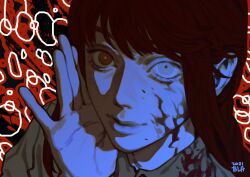 Rule 34 | 1girl, blackki0 0, blood, blood on clothes, blood on face, braid, chainsaw man, collared shirt, hand on own face, long hair, looking at viewer, makima (chainsaw man), procreate (medium), red hair, ringed eyes, shirt, single braid, sinister, solo, white shirt