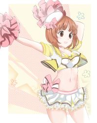 Rule 34 | 1girl, alternate costume, arms up, beret, bow, bow skirt, brown eyes, brown hair, cheerleader, coco&#039;s, commentary, cowboy shot, crop top, double horizontal stripe, frilled skirt, frills, girls und panzer, hat, highres, holding, holding pom poms, jacket, lace, lace-trimmed shirt, lace trim, midriff, miniskirt, navel, nishizumi miho, open mouth, pink bow, pleated skirt, pom pom (cheerleading), pom poms, shirt, short hair, skirt, smile, solo, sounata (sounanmaru), standing, star (symbol), tilted headwear, white hat, white shirt, yellow jacket