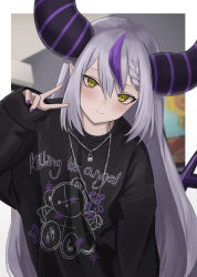 Rule 34 | 1girl, absurdres, alternate costume, asymmetrical hair, bad id, bad pixiv id, black shirt, blush, braid, casual, chain, chain necklace, closed mouth, clothes writing, commentary, cross, cross necklace, demon horns, french braid, hair between eyes, highres, hololive, horns, jewelry, kit, la+ darknesss, lock, long hair, long sleeves, looking at viewer, multicolored hair, nail polish, necklace, pointy ears, purple hair, purple nails, shirt, silver hair, single braid, sleeves past wrists, slit pupils, smile, solo, straight hair, streaked hair, striped horns, two-tone hair, upper body, v, virtual youtuber, yellow eyes