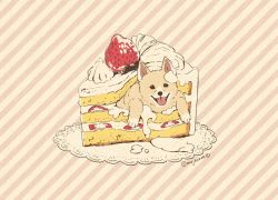 Rule 34 | animal focus, black eyes, cake, cake slice, dog, food, food focus, fruit, in food, layer cake, looking at viewer, mojacookie, no humans, open mouth, original, oversized food, oversized object, pastry, smile, strawberry, strawberry shortcake, striped, striped background, twitter username, whipped cream