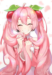 Rule 34 | 1girl, bare shoulders, blush, cherry blossoms, cherry hair ornament, closed eyes, commentary, detached sleeves, falling petals, food-themed hair ornament, grin, hair ornament, hatsune miku, headphones, headset, highres, holding, holding own hair, leaf, long hair, looking at viewer, mamo (fortune-mm), necktie, petals, pink hair, pink necktie, pink sleeves, sakura miku, shirt, smile, solo, twintails, upper body, very long hair, vocaloid, white background, white shirt