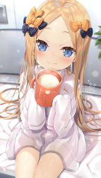 Rule 34 | 1girl, abigail williams (fate), alternate costume, black bow, blonde hair, blue eyes, blurry, blurry background, blush, borrowed clothes, bow, closed mouth, collared shirt, commentary request, cup, depth of field, dress shirt, dutch angle, fate/grand order, fate (series), forehead, hair bow, highres, holding, holding cup, indoors, leaf, lips, long hair, long sleeves, looking at viewer, milk, mug, naked shirt, no headwear, orange bow, parted bangs, plant, polka dot, polka dot bow, shirt, signature, sitting, sleeves past fingers, sleeves past wrists, smile, solo, very long hair, white shirt, yano mitsuki (nanairo)