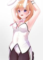 Rule 34 | 1girl, :d, alternate costume, animal ears, armpits, arms up, black pantyhose, bow, bowtie, breasts, brown hair, cleavage, detached collar, fake animal ears, gochuumon wa usagi desu ka?, highres, hoto cocoa, jumping, leotard, medium hair, open mouth, pantyhose, pink bow, pink bowtie, playboy bunny, purple eyes, rabbit ears, rabbit tail, small breasts, smile, solo, tail, touyou (39kir), white leotard, wrist cuffs
