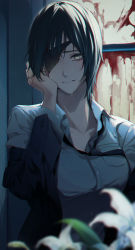Rule 34 | 1girl, absurdres, black hair, black jacket, black necktie, blood, blurry, blurry foreground, breasts, chainsaw man, collared shirt, commentary, crying, crying with eyes open, dress shirt, eyepatch, flower, formal, hair between eyes, hand on own cheek, hand on own face, hand up, highres, himeno (chainsaw man), jacket, unworn jacket, looking at viewer, loose necktie, matsunaga777, medium breasts, necktie, sad, shirt, short hair, solo, suit, tears, upper body