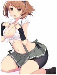 Rule 34 | 1girl, :d, alternate costume, arashio (kancolle), arashio (kancolle) (cosplay), arm warmers, bike shorts, black socks, breasts, brown hair, cleavage, cosplay, green eyes, hands on own chest, headband, headgear, kantai collection, large breasts, looking at viewer, mutsu (kancolle), open mouth, pleated skirt, shirt, short hair, short sleeves, simple background, skirt, smile, socks, solo, suspenders, tun, white background, white shirt