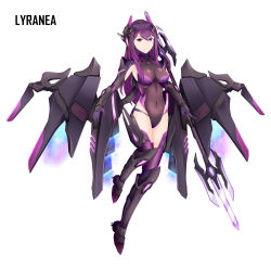 Rule 34 | 1girl, breasts, character name, commentary, covered navel, energy, english commentary, floating, heterochromia, highres, holding, holding lance, holding polearm, holding weapon, lance, long hair, looking at viewer, mecha musume, mechanical wings, medium breasts, open hand, original, polearm, purple eyes, purple hair, red eyes, rzv, science fiction, smile, solo, weapon, white background, wings