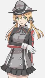 Rule 34 | 1girl, anchor hair ornament, black skirt, breasts, cross, gloves, green eyes, hair between eyes, hair ornament, hat, iron cross, kantai collection, kasumi (skchkko), long hair, long sleeves, medium breasts, military, military uniform, open mouth, peaked cap, pleated skirt, prinz eugen (kancolle), simple background, skirt, solo, twintails, uniform, white gloves