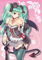 Rule 34 | 1girl, armpits, candy, choker, closed umbrella, corset, demon tail, detached sleeves, food, garter straps, green hair, hat, hatsune miku, highres, horns, licking, lollipop, long hair, looking at viewer, mini hat, mini top hat, nail polish, pink background, planted, planted umbrella, pointy ears, purple eyes, skirt, solo, tail, thighhighs, tongue, top hat, toumin, twintails, umbrella, vocaloid, wings