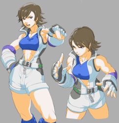 Rule 34 | 1girl, bad id, bad pixiv id, bare shoulders, boots, breasts, brown eyes, brown hair, center opening, crop top, elbow gloves, fingerless gloves, gloves, jumpsuit, kazama asuka, knee boots, muscular, namco, oetaro, pointing, romper, shorts, simple background, solo, tank top, tekken, unzipped
