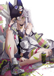 Rule 34 | 1girl, absurdres, banxsy (neural cloud), black headwear, bracelet, choker, closed mouth, commentary request, full body, girls&#039; frontline, girls&#039; frontline neural cloud, green eyes, green nails, grey shorts, grey tank top, hair ornament, hairclip, hand on ground, hand on headwear, heterochromia, highres, inline skates, jacket, jewelry, knee up, long hair, long sleeves, looking at viewer, multiple thigh straps, necklace, on ground, open clothes, open jacket, paint on body, paint splatter, pink eyes, roller skates, shionagi (sana), shorts, single bare shoulder, sitting, skates, solo, spray can, spray paint, star (symbol), star choker, strap slip, tank top, torn clothes, torn shorts, white background, white footwear, white hair, white jacket