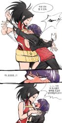 Rule 34 | 10s, 2girls, ?, between breasts, black eyes, black hair, black jacket, black pants, blush, boku no hero academia, breast smother, breasts, cleavage, closed eyes, comic, cuffs, downscaled, embarrassed, face to breasts, gloves, handcuffs, head between breasts, headphones, height difference, high ponytail, highres, holding hands, jacket, jirou kyouka, korean text, looking at another, md5 mismatch, multiple girls, open mouth, pants, ponytail, pulling, purple hair, red shirt, resized, resolution mismatch, shirt, short hair, single sidelock, smile, source larger, translated, vvvmung, white background, white gloves, yaoyorozu momo, yuri