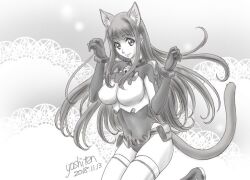 Rule 34 | 1girl, animal ears, artist name, asobi ni iku yo!, cat ears, cat girl, cat tail, commentary request, covered navel, dated, eris (asobi ni iku yo!), greyscale, impossible clothes, impossible leotard, leotard, long hair, monochrome, pouch, signature, solo, tail, thighhighs, yoshiten