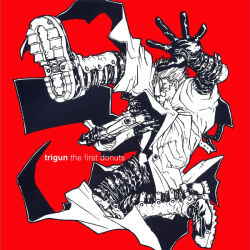 Rule 34 | 1boy, agl arms .45 long colt, album cover, artist request, break-action revolver, cover, english text, gloves, gun, handgun, long coat, low bore axis revolver, male focus, manly, monochrome, official art, red background, revolver, simple background, solo, sunglasses, text focus, trigun, vash the stampede, weapon