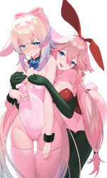 Rule 34 | 2girls, absurdres, animal ears, black gloves, black legwear, blush, bow choker, grabbing another&#039;s breast, breasts, collarbone, commentary, covered navel, covering privates, covering breasts, elbow gloves, embarrassed, genshin impact, gloves, gluteal fold, grabbing, grabbing from behind, haku89, highleg, highleg leotard, highres, large breasts, leotard, long hair, multicolored hair, multiple girls, open mouth, pink hair, playboy bunny, purple eyes, rabbit ears, revision, sangonomiya kokomi, simple background, skindentation, small breasts, teeth, thighhighs, thighs, white background, yae miko, yuri