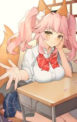Rule 34 | 1girl, animal ear fluff, animal ears, arkchsky, blue skirt, blush, bow, bowtie, breasts, buttons, closed mouth, clothes around waist, commentary request, desk, fate/extella, fate/extra, fate (series), fox ears, fox girl, fox tail, grey jacket, head rest, indoors, jacket, jacket around waist, long hair, looking at viewer, medium breasts, petals, pink hair, plaid, plaid skirt, red bow, school desk, shirt, sitting, skirt, sleeves rolled up, smile, solo, tail, tamamo (fate), tamamo no mae (fate/extra), tamamo no mae (jk) (fate), twintails, white shirt, yellow eyes