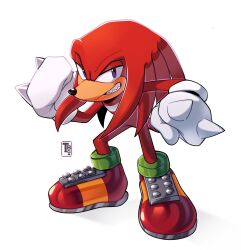 Rule 34 | 1boy, artist logo, clenched hands, full body, furry, furry male, gloves, grin, highres, knuckles the echidna, looking at viewer, nic kenten, purple eyes, red footwear, red fur, shoes, simple background, smile, solo, sonic (series), teeth, two-tone footwear, white background, white gloves, yellow footwear