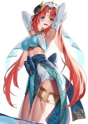 Rule 34 | 1girl, absurdres, armlet, armpits, arms behind head, bare shoulders, blue skirt, blush, bracer, breasts, brooch, detached sleeves, fake horns, genshin impact, green eyes, hair ornament, harem outfit, highres, horns, jewelry, large breasts, long hair, long sleeves, looking at viewer, low twintails, neck ring, nilou (genshin impact), open mouth, puffy long sleeves, puffy sleeves, red hair, sash, sidelocks, skirt, solo, thighlet, thighs, twintails, veil, wading, water, yamanokami eaka