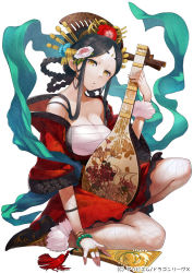 Rule 34 | 1girl, black hair, bracelet, breasts, copyright name, dragon league x, fishnets, flower, hair flower, hair ornament, instrument, japanese clothes, jewelry, long hair, looking at viewer, lots of jewelry, off shoulder, original, parted bangs, sarashi, shoes, sidelocks, silver (atelier-tengu), solo, watermark, white background, wide sleeves, wrist cuffs, yellow eyes