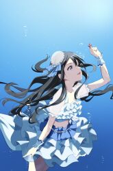 Rule 34 | 1girl, black hair, blue skirt, breasts, bubble, cleavage, collarbone, commentary, gorilla-shi, grey eyes, highres, holding, long hair, love live!, love live! nijigasaki high school idol club, midriff, skirt, small breasts, solo, symbol-only commentary, underwater, yuki setsuna (love live!)
