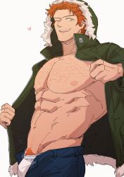 1boy abs absurdres arm_hair arms_up bara blue_pants bulge chest_hair collared_jacket commentary cowboy_shot english_commentary fire_emblem fire_emblem:_three_houses fur-trimmed_hood fur-trimmed_jacket fur_trim green_jacket groin heart highres hood hooded_jacket jacket looking_down male_focus male_pubic_hair male_underwear navel nintendo one_eye_closed open_mouth open_pants orange_hair pants pectorals pubic_hair satodee short_hair simple_background smile solo sylvain_jose_gautier teeth tongue underwear unzipped upper_teeth_only wavy_hair white_background white_fur white_male_underwear yellow_eyes