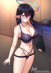 Rule 34 | 1girl, adsouto, black hair, blue archive, blue eyes, blue hair, breasts, collarbone, colored inner hair, earrings, glasses, halo, highres, jewelry, large breasts, lingerie, looking at viewer, multicolored hair, navel, rin (blue archive), semi-rimless eyewear, signature, solo, tablet pc, two-tone hair, under-rim eyewear, underwear, wind, wind lift