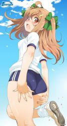 Rule 34 | 1girl, ass, blue buruma, blush, bow, brown eyes, brown hair, buruma, day, embarrassed, from below, green bow, hair bow, hands on own ass, highres, inoue sora, long hair, looking back, looking down, midori-chan (myslot), myslot, outdoors, shirt, shoes, short sleeves, sky, sneakers, socks, solo, sportswear, two side up, underwear, white shirt, white socks